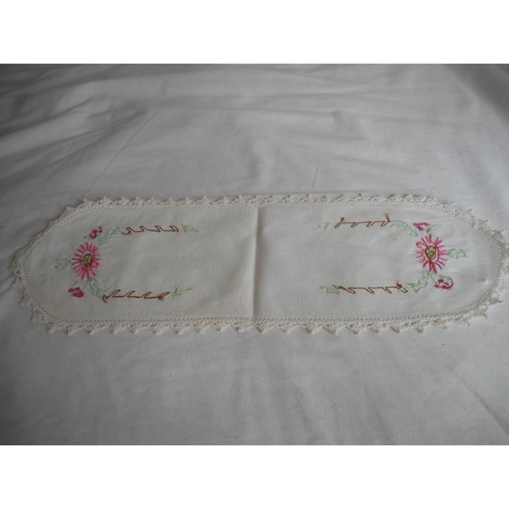 Vintage Pink Floral handmade embroidered oval Lace Dresser scarf 15.5 x 5 Estate - Picture 6 of 7